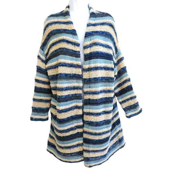 Lovestitch Long Cardigan Open Front OOAK Striped Blue Gold Metallic Drop Sleeve - Picture 2 of 12